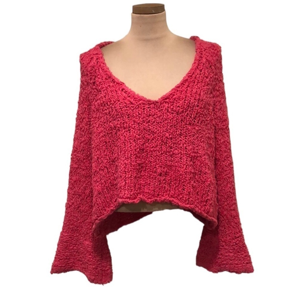 Free People Coral Pines Sweater Size Medium Hot Pink Bell Sleeve Pullover
